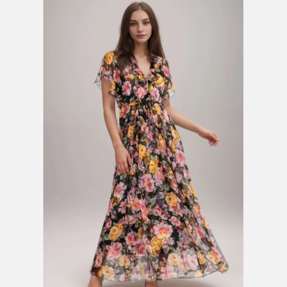 Johnny Was Jade Suri Ruffle Floral Silk Maxi Dress